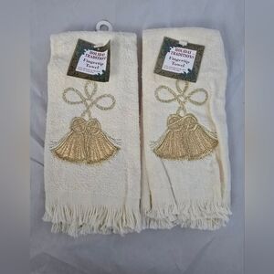 VTG Christmas Holiday (2) Fringed Hand Guest Towel Bells 11" x 18" Fingertip